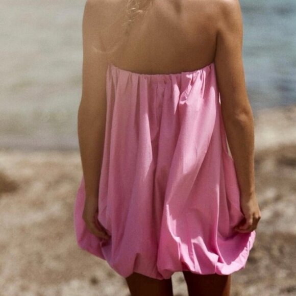 Zara Pink Bubble Hem Strapless Mini Dress Cotton Balloon Tube Top Style S - Picture 3 of 8